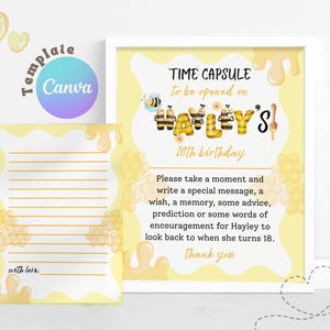 Letrero y tarjeta editables de cápsula del tiempo de abejas: recuerdo imprimible para el primer cumpleaños. Letrero de 8x10 y tarjeta de recuerdo de 5x7. Plantilla Canva de descarga instantánea.