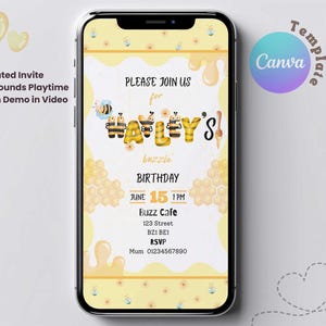 Editable Animated Birthday Invitation, Honey Bee Theme Canva Template, 15s Digital An-Vite for WhatsApp, Instagram, Email – Instant Download