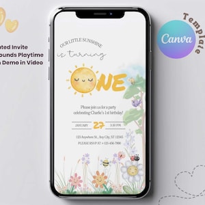 Modelo de convite de primeiro aniversário Sunshine editável para celular, festa de 1º aniversário, convite digital para festa infantil, cartão Evite Bday para download instantâneo
