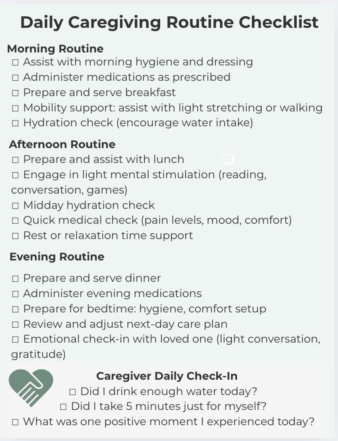 Daily Caregiving Routine Checklist, Printable Care Plan Template for ...