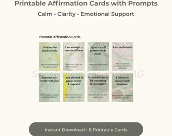 Tarjetas de Afirmaciones Imprimibles con Mensajes para Calmar, Aliviar la Ansiedad y el Autocuidado / 8 tarjetas / Descarga Instantánea