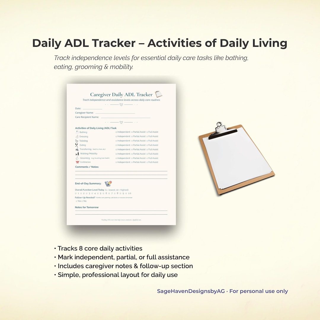 Caregiver ADL Tracker Printable: Daily Living Assistance PDF (instant ...