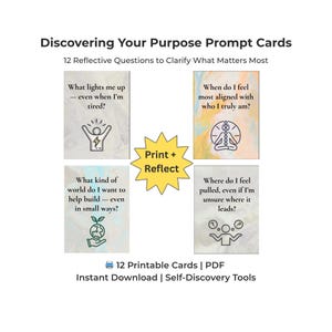 Peut inclure: Image de "Cartes d'invitation pour découvrir votre objectif" avec 12 questions de réflexion. Les cartes présentent des illustrations et des invites textuelles telles que "Qu'est-ce qui m'illumine ?" et "Quand je me sens le plus aligné ?" L'image comprend le texte "Print + Reflect."