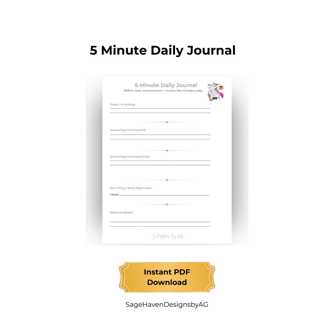 5-minute Daily Journal Printable, Self Care Gratitude PDF, Mindfulness ...