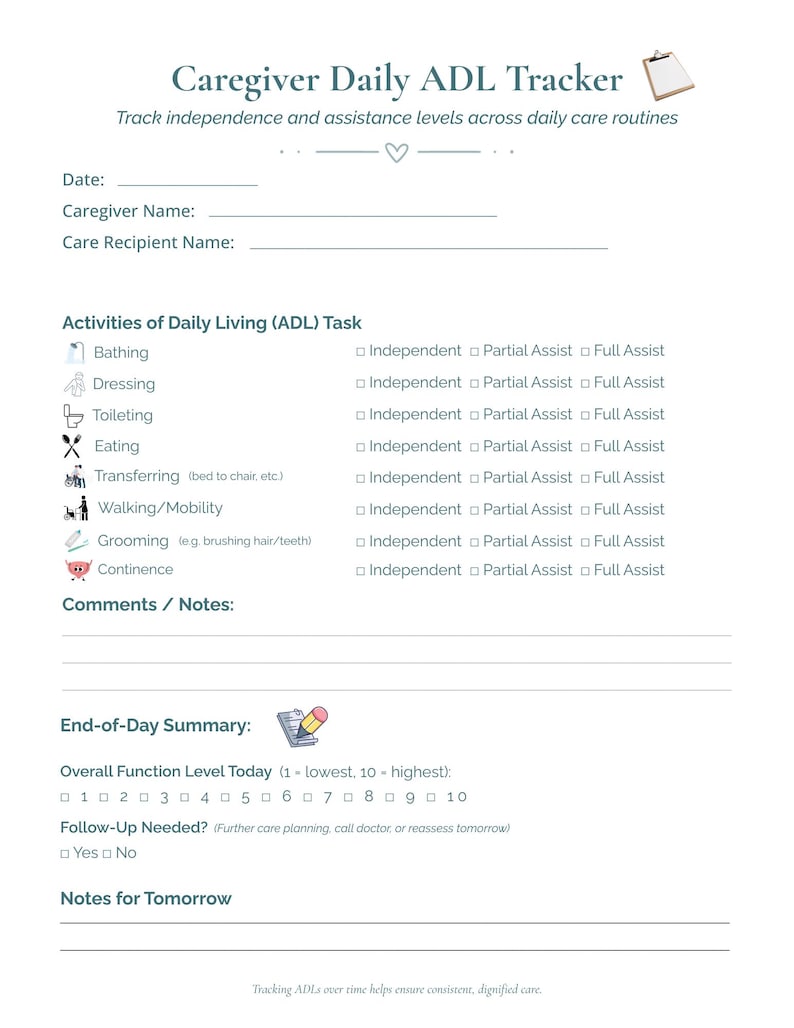 ADL Care Tracker | Daily Activities of Daily Living Checklist (PDF) - Etsy