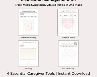 Caregiver Medication Management Kit | Symptoms, Vitals & Refill Tracker | All-in-One Health Log Printable PDF