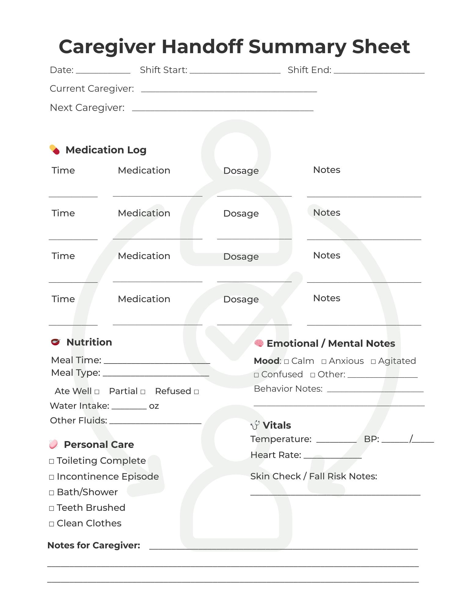 Weekly Care Note Caregiver Shift Handoff Log | Daily Care Notes, Medications, Vitals ...