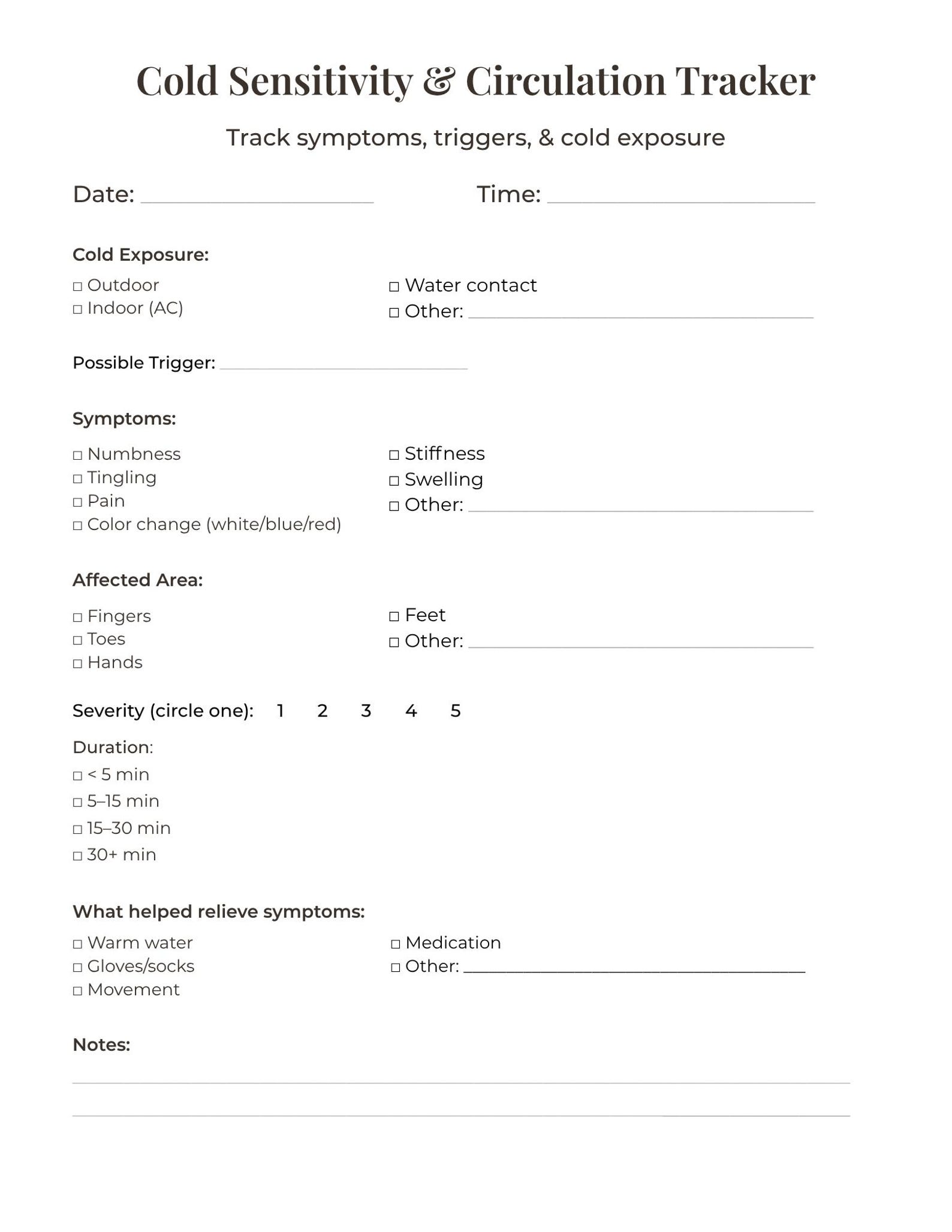 Cold Sensitivity Tracker Printable | Circulation & Symptom Log ...