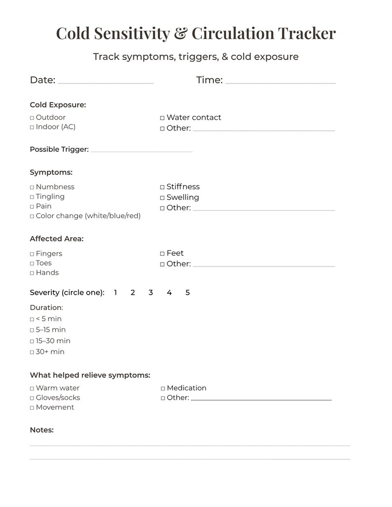 Cold Sensitivity Tracker Printable | Circulation & Symptom Log ...