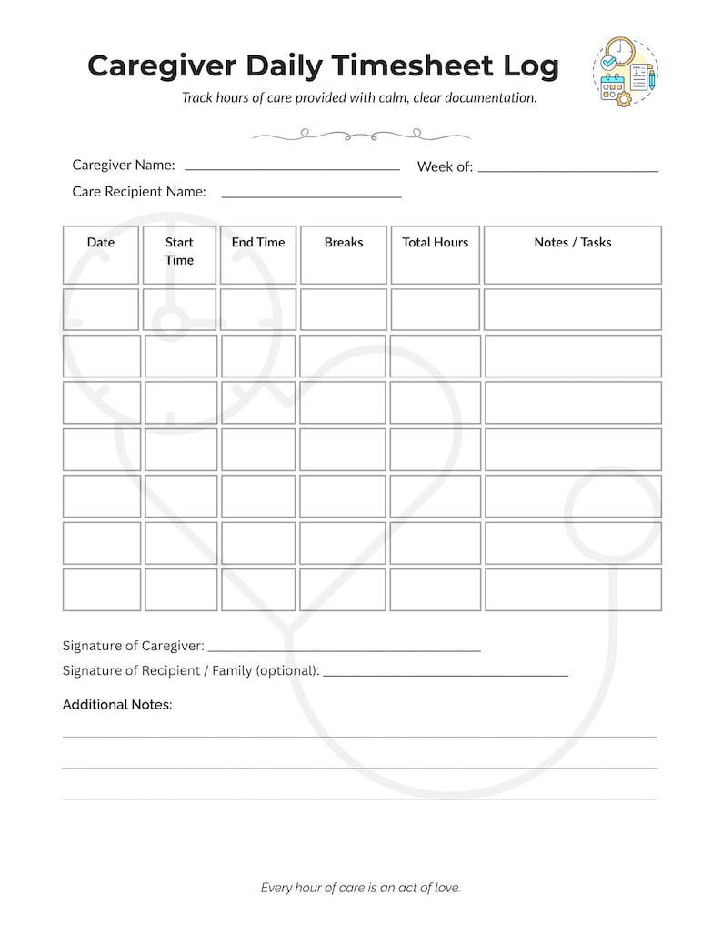 Caregiver Daily Timesheet | Home Care Hours Log Printable PDF - Etsy