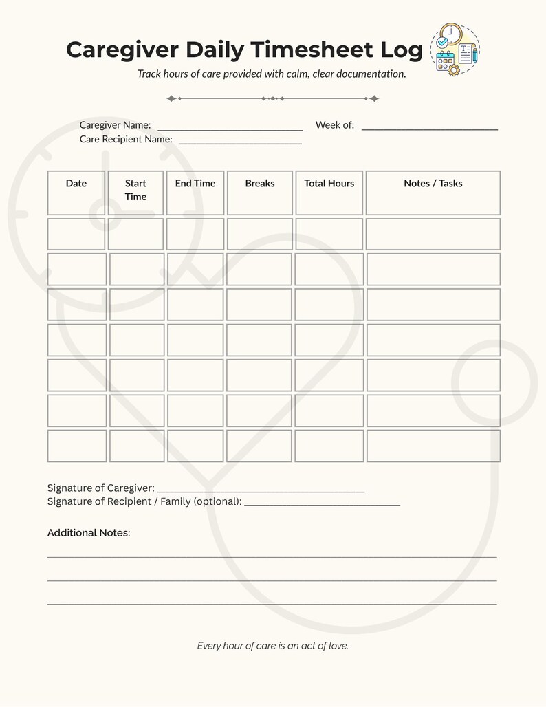 Caregiver Timesheet Log – Printable Daily PDF to Track Hours, Breaks ...