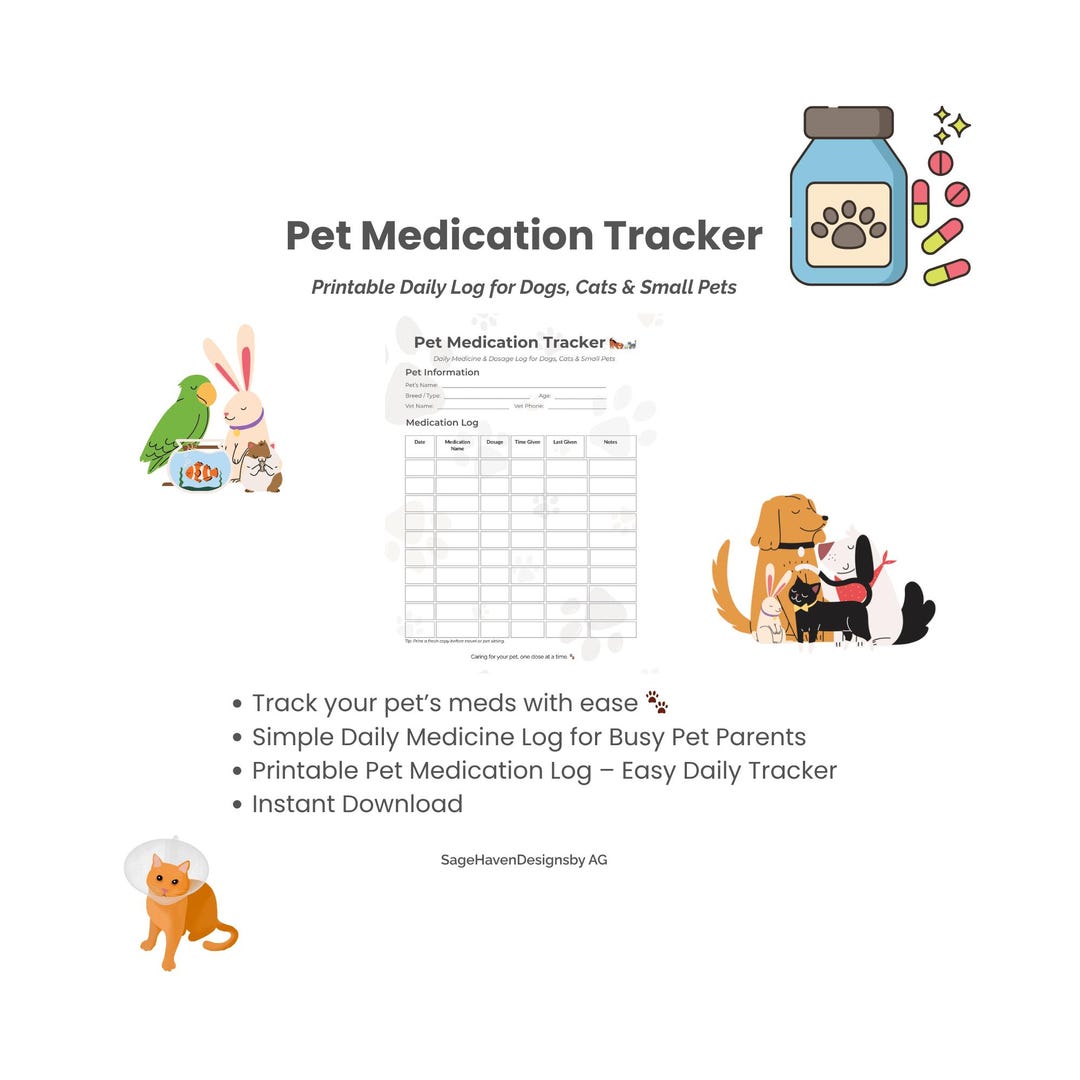 Pet Medication Log Printable | Dog & Cat Medicine Chart | Daily Med ...