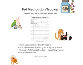Registro dei farmaci per animali domestici stampabile / Tabella dei farmaci per cani e gatti / Organizzatore giornaliero dei farmaci in formato PDF