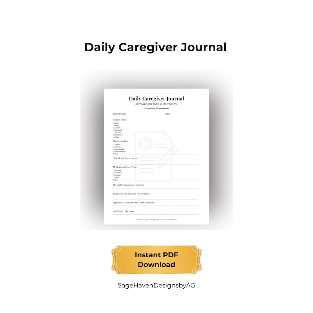 Daily Carenotes Daily Caregiver Journal | Patient Daily Care Notes Printable PDF - Etsy