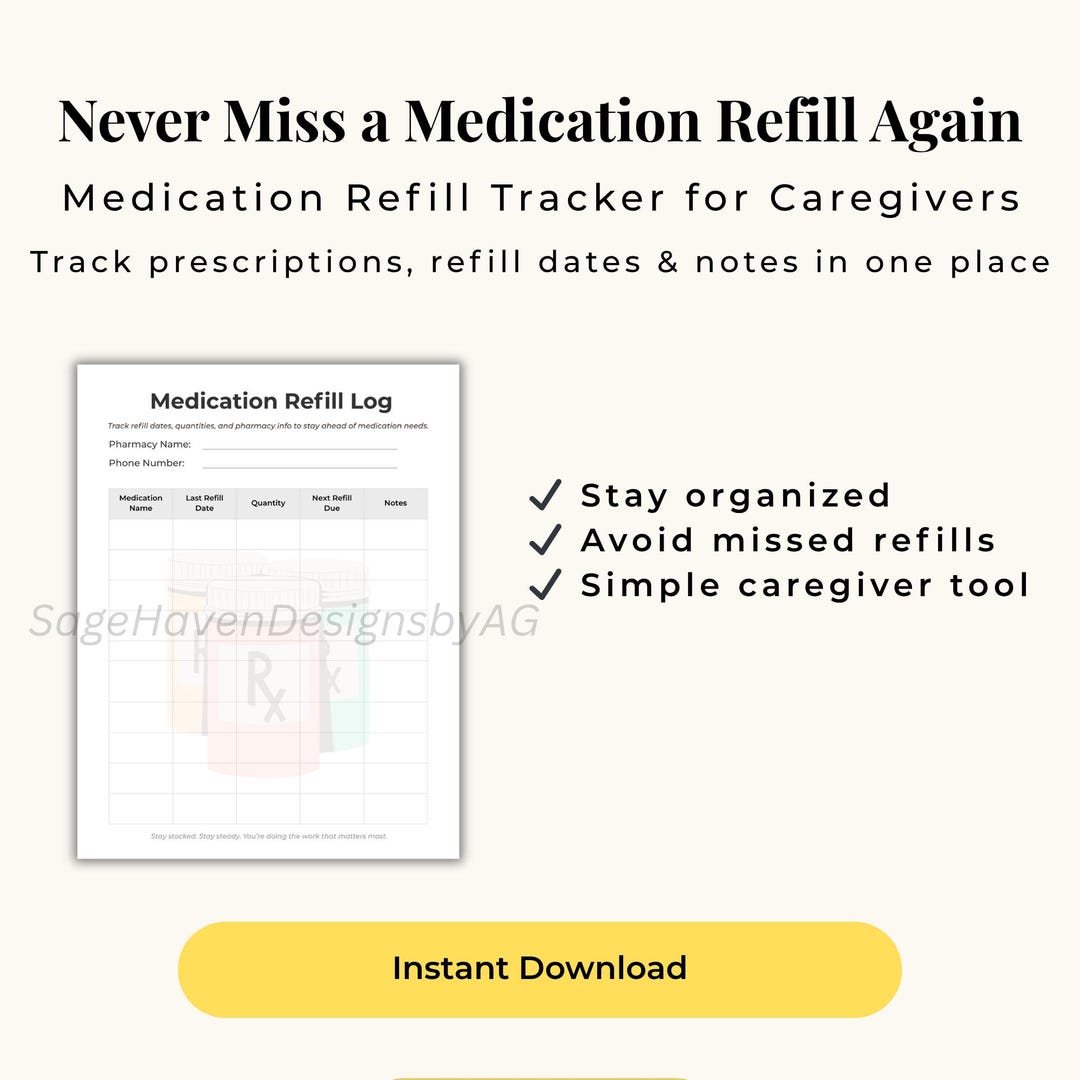 Refill Chart Medication Refill Tracker | Prescription Log Printable | Pharmacy ...