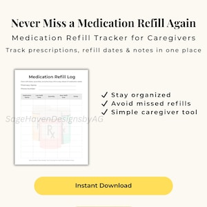 Registro de resurtido de medicamentos / Registro de recetas imprimible / Organizador de farmacia para cuidadores / Hoja de resurtido de recetas en PDF