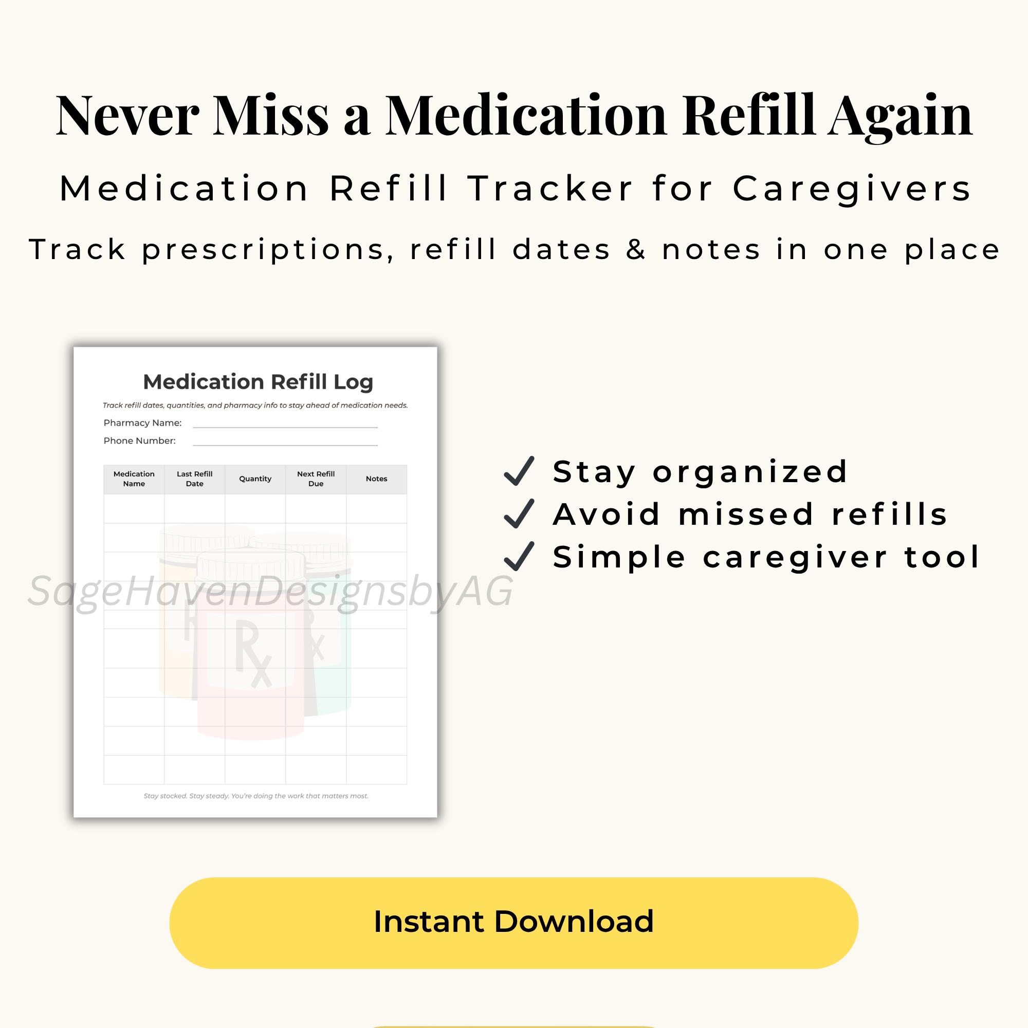 Refill Roster Log Medication Refill Tracker | Prescription Log Printable | Pharmacy ...