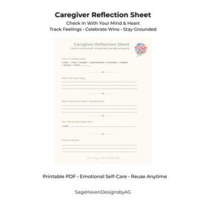 Puede incluir: Una hoja de reflexión para cuidadores en PDF imprimible con indicaciones para conectar con tu mente y corazón. La hoja incluye secciones para rastrear sentimientos, celebrar victorias y mantenerse firme. El texto incluye "Caregiver Reflection Sheet".