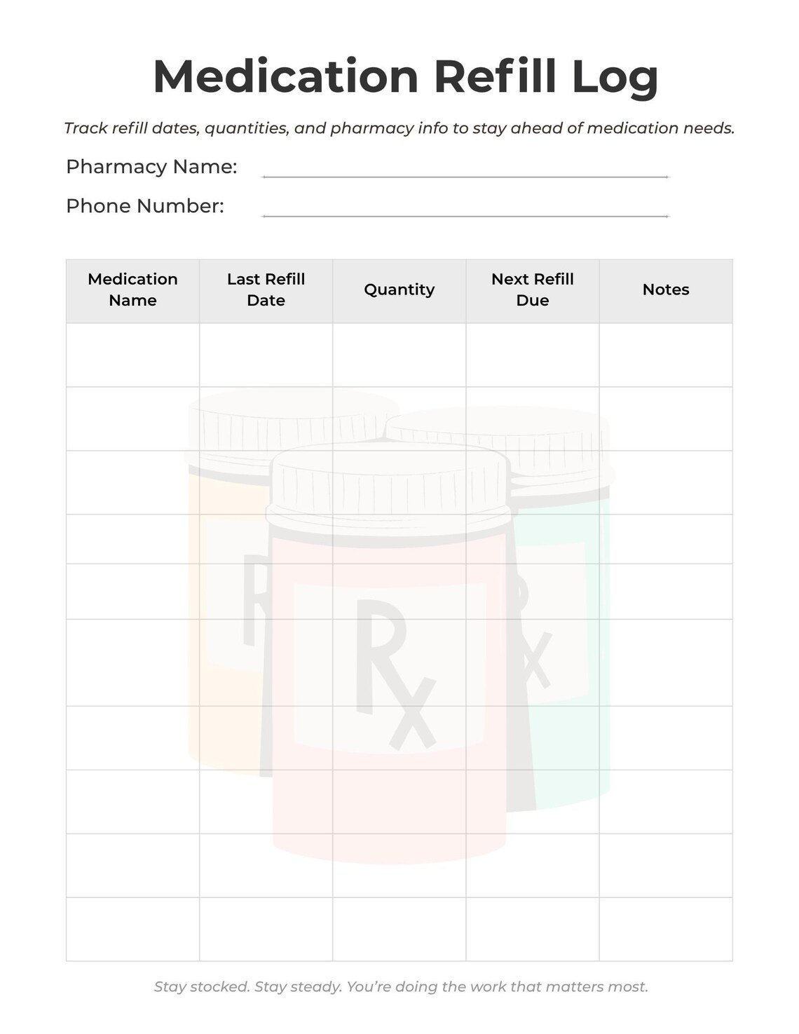 Refill Roster Log Medication Refill Tracker | Prescription Log Printable | Pharmacy ...