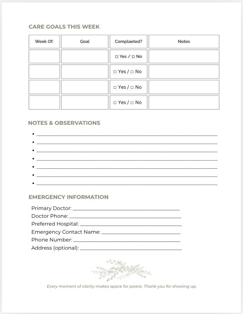 Printable Care Plan PDF for Caregivers – 3 Page Daily Routine, Support ...