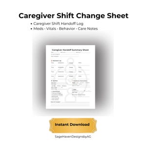 Registro de Transição de Turno do Cuidador | Anotações Diárias de Cuidados, Medicamentos, Sinais Vitais e Resumo Comportamental (PDF para Impressão)
