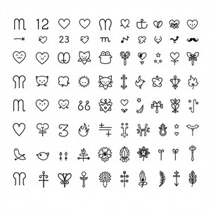 May include: A set of 48 black and white tattoo design ideas. The designs include hearts, flowers, stars, animals, and other symbols.