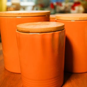 Vintage Orange Kitchen Canister Set, 1970s Retro Storage Jars, Mid Century Decor