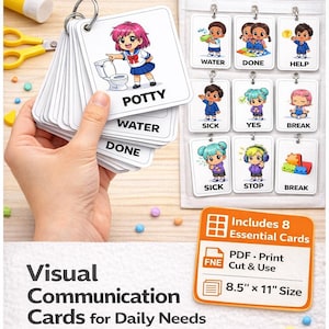 May include: A set of visual communication cards for daily needs, featuring illustrations and text. The cards include words like "Potty," "Water," and "Done." The image also includes the text "Instant Download" and "Includes 8 Essential Cards."