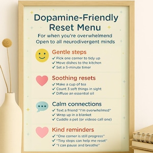 Puede incluir: Impresión enmarcada con el texto "Menú de reinicio amigable con la dopamina" y "Descarga instantánea". El menú incluye pasos suaves, reinicios relajantes, conexiones tranquilas y recordatorios amables.