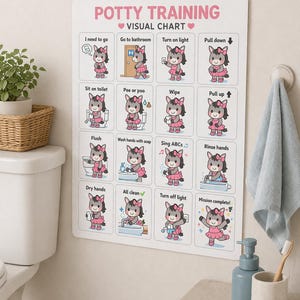 Może przedstawiać: Biały wizualny wykres treningu nocnikowego z różowym nagłówkiem z napisem "POTTY TRAINING VISUAL CHART". Wykres przedstawia kreskówego osła w różowej sukience, który demonstruje każdy krok. Wykres jest wyświetlany w łazience.