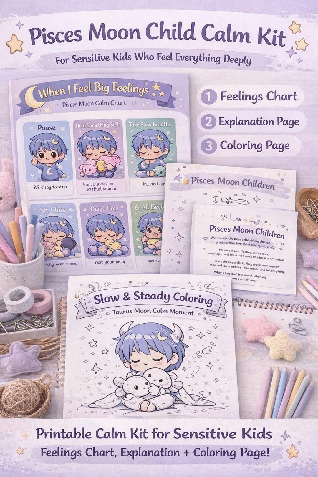 Pisces Moon Calm Chart for Sensitive Kids | Emotional Regulation Tool ...