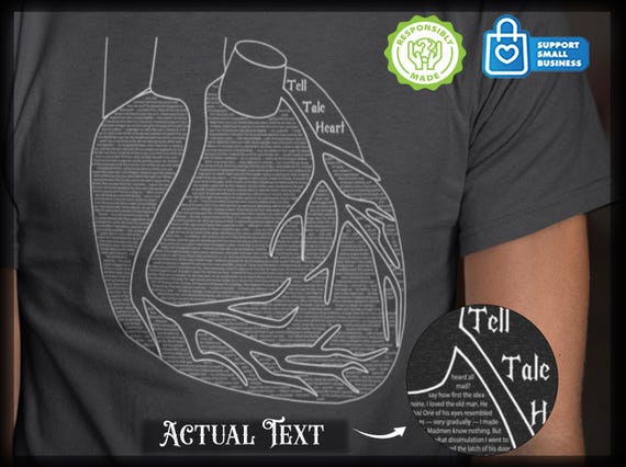 Tell Tale Heart T-Shirt, Edgar Allan Poe Anatomical Heart Calligram Tee, Gothic Literature Top, Macabre Short Story Book Art Shirt