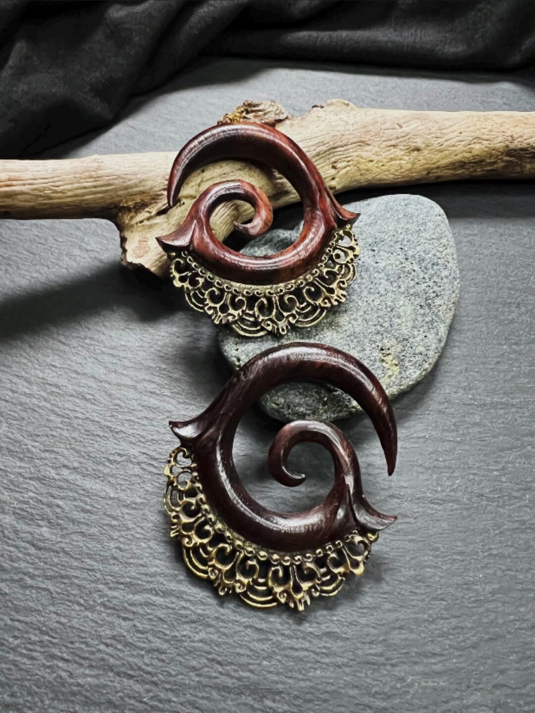 Spiral Ear Expander for 8mm Stretched Earlobes / Narra Wood and Brass ...