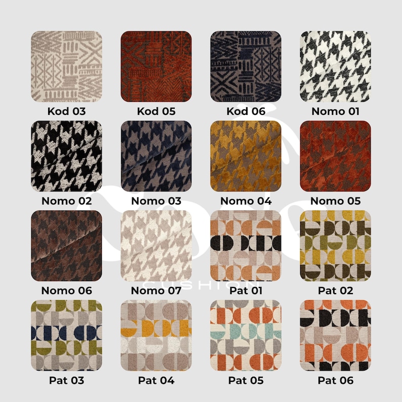 May include: A collection of fabric swatches with various patterns and colors. The swatches include geometric, houndstooth, and abstract designs. Each swatch is labeled with a code, such as "Kod 03" and "Nomo 01". The color palette includes beige, brown, black, and gold.