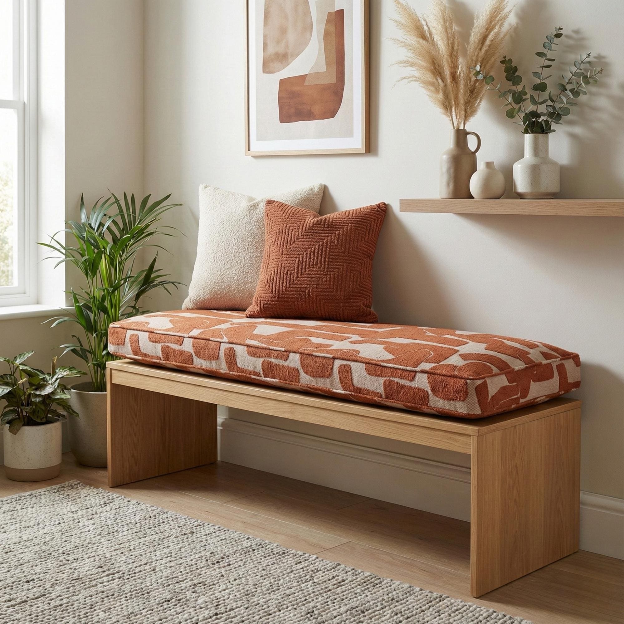 Upholstered bench cushion with piped edges in neutral linen on a wooden window seat