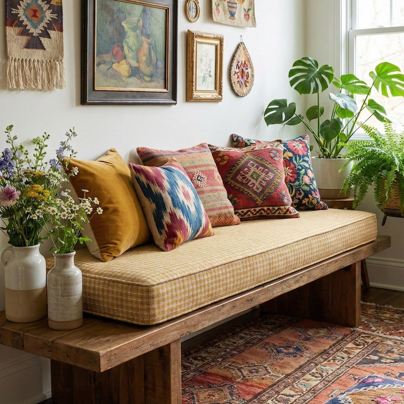 May include: A wooden bench with a yellow patterned cushion and several decorative pillows. The pillows feature various patterns and colors, including red, blue, and gold. The bench is placed in a room with artwork and plants.