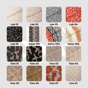 May include: A collection of fabric swatches with various patterns and colors. The swatches include geometric, abstract, and textured designs. Each swatch is labeled with a unique code, such as "Lab 01" or "Tote 02". Colors range from neutral tones to vibrant reds and blacks.