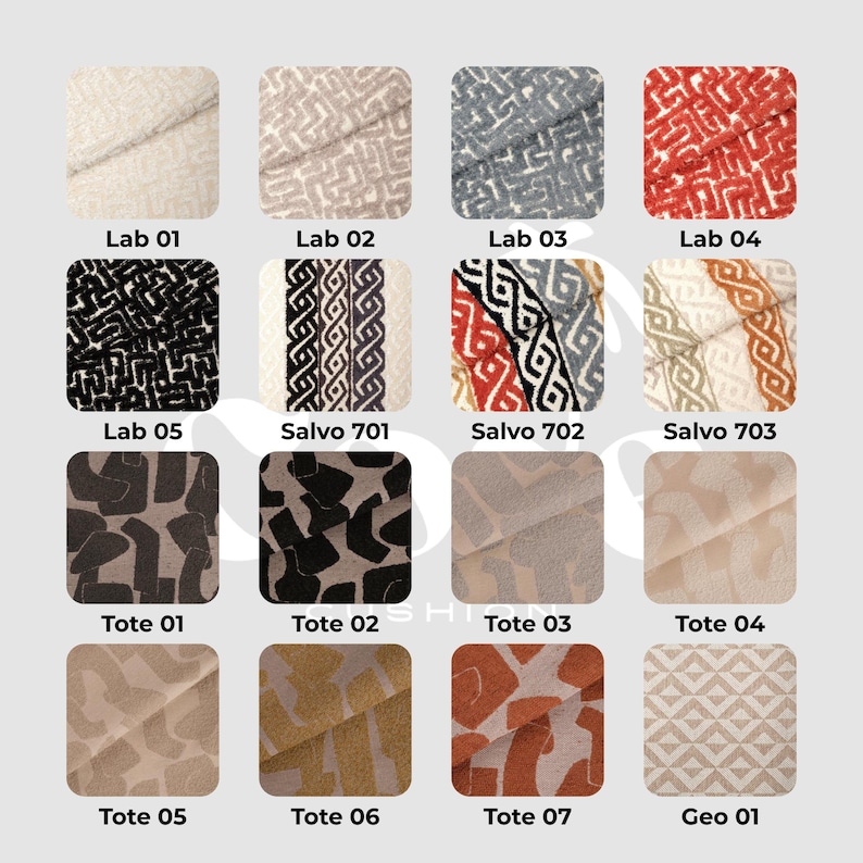 May include: A collection of fabric swatches with various patterns and colors. The swatches include geometric, abstract, and textured designs. Each swatch is labeled with a unique code, such as "Lab 01" or "Tote 02". Colors range from neutral tones to vibrant reds and blacks.