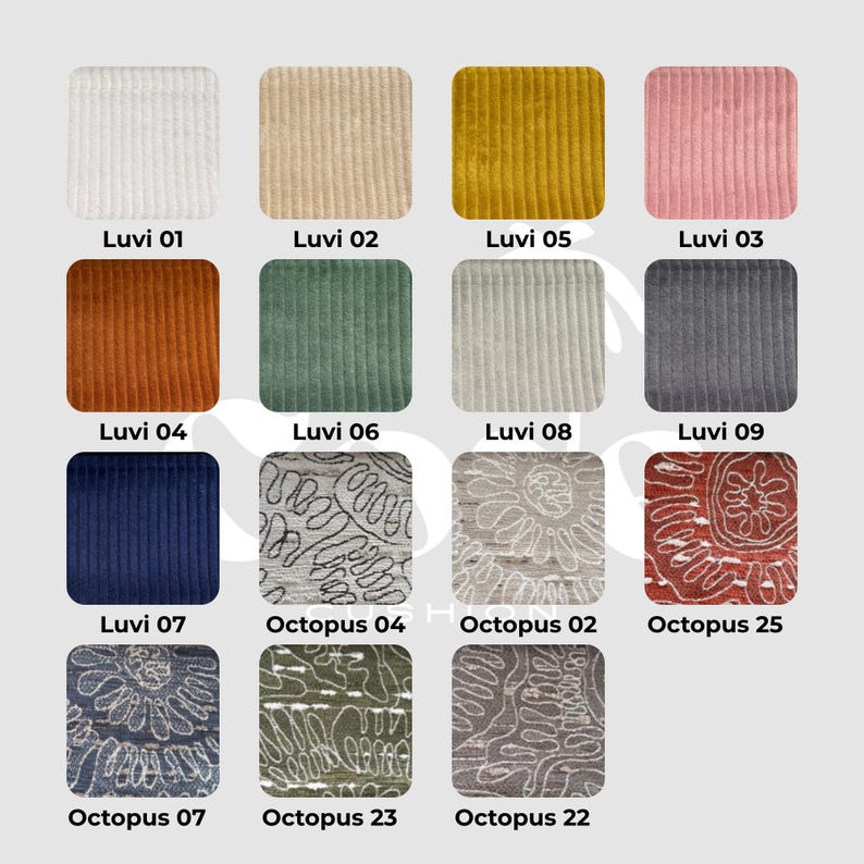 May include: A collection of fabric swatches in various colors and textures. The swatches are labeled with names like "Luvi" and "Octopus" followed by numbers. Colors include white, beige, mustard yellow, pink, orange, green, gray, navy blue, and patterned designs.