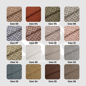 May include: A collection of fabric swatches in various colors, each featuring a geometric diamond pattern. The swatches are labeled with codes like "Geo 03" and "Geo 04", showcasing a range of hues from neutral tones to vibrant shades.