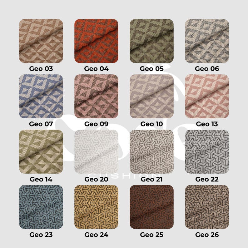 May include: A collection of fabric swatches in various colors, each featuring a geometric diamond pattern. The swatches are labeled with codes like "Geo 03" and "Geo 04", showcasing a range of hues from neutral tones to vibrant shades.