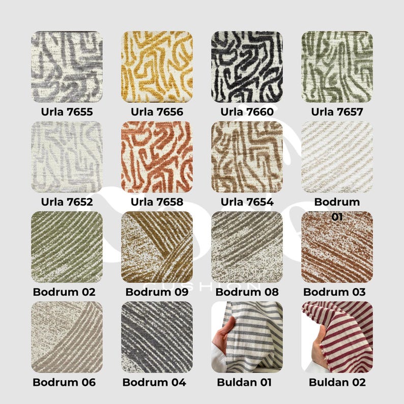 May include: A collection of fabric swatches with various patterns and colors. The swatches are labeled with names like "Urla" and "Bodrum," and feature designs including abstract lines, stripes, and textured patterns. The color palette includes gray, yellow, black, green, brown, and red.