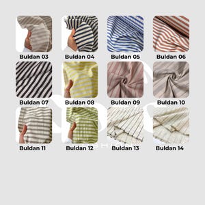 May include: A collection of Buldan fabric samples, each showcasing a different striped pattern. Colors include beige, navy, blue, rust, black, yellow, pink, and green. The samples are labeled with numbers from 03 to 14.