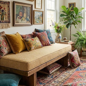 May include: A cozy living room scene featuring a wooden daybed with a woven cushion and an array of decorative pillows in various colors and patterns. The room is decorated with framed artwork, a patterned rug, and potted plants, creating a warm and inviting atmosphere.