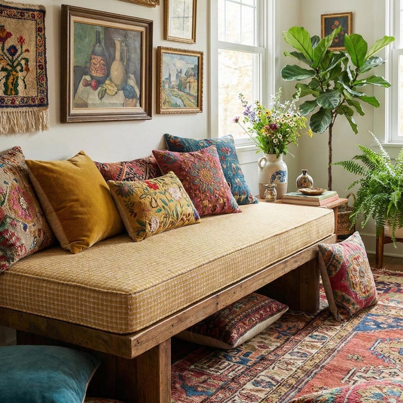 May include: A cozy living room scene featuring a wooden daybed with a woven cushion and an array of decorative pillows in various colors and patterns. The room is decorated with framed artwork, a patterned rug, and potted plants, creating a warm and inviting atmosphere.