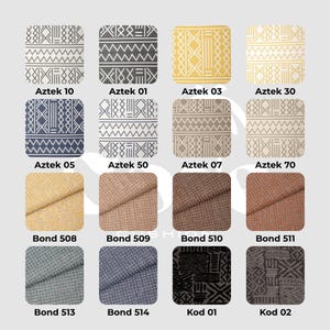 May include: A collection of fabric swatches in various colors and patterns. The top row features geometric designs labeled "Aztek" followed by numbers. The bottom rows display solid and textured fabrics labeled "Bond" and "Kod".