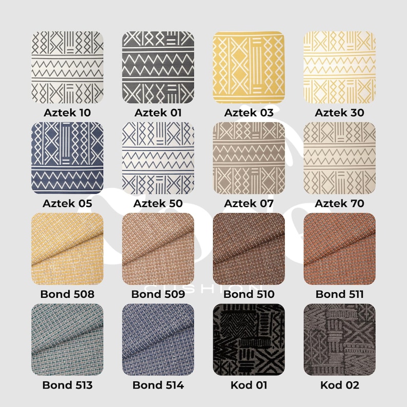 May include: A collection of fabric swatches in various colors and patterns. The top row features geometric designs labeled "Aztek" followed by numbers. The bottom rows display solid and textured fabrics labeled "Bond" and "Kod".