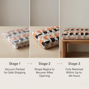 May include: A three-stage image shows a cushion's transformation. Stage 1: Vacuum-packed cushion with a geometric pattern of orange, black, and blue shapes. Stage 2: Cushion expanding after opening. Stage 3: Fully restored cushion on a wooden bench. Text: Vacuum Packed for Safe Shipping.