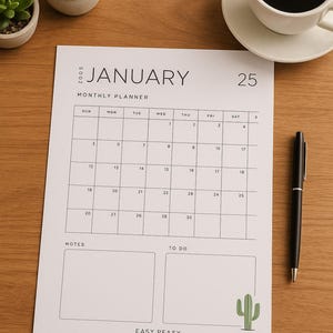 Planificador mensual 2025 (PDF imprimible) / Calendario minimalista tamaño carta / Diseño de cactus / Hojas de notas fáciles de usar / Descarga instantánea