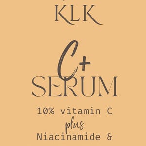 May include: A product label on a light orange background. The text reads "MADE BY KLK" in a serif font. Below, in a script font, is "C+ SERUM". Further down, it states "10% vitamin C plus Niacinamide & Green Tea Extract".